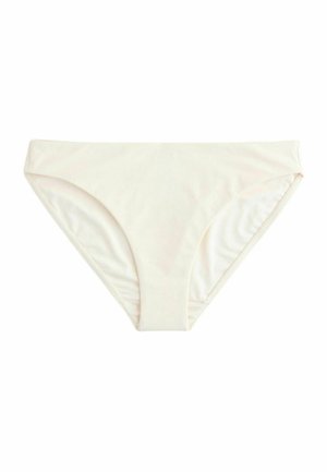 Crème-kleurige bikinionderkant van glad, rekbaar materiaal. Heeft een gemiddelde hoogte met smalle zijnaad en een naadloos ontwerp.