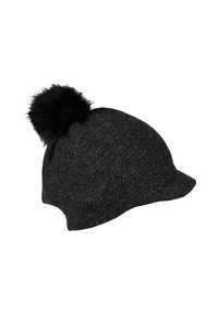 Cappello di lana nera per l'inverno con una piccola visiera e un grande pompon soffice in cima.