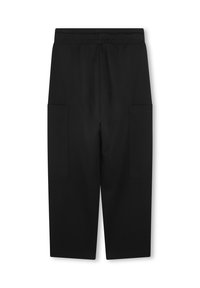 Pantalons noirs en tissu doux, avec un design à jambes larges, une taille élastique et deux poches latérales. Texture lisse sans motifs visibles.