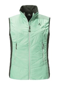 Mintgrünes isoliertes Weste mit schwarzen Seitenpanelen. Merkmale einen hohen Kragen, einen Frontreißverschluss und zwei Reißverschlusstaschen. Gestepptes Muster vorne.