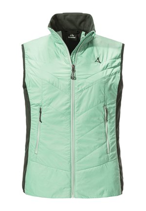 Mintgrünes isoliertes Weste mit schwarzen Seitenpanelen. Merkmale einen hohen Kragen, einen Frontreißverschluss und zwei Reißverschlusstaschen. Gestepptes Muster vorne.