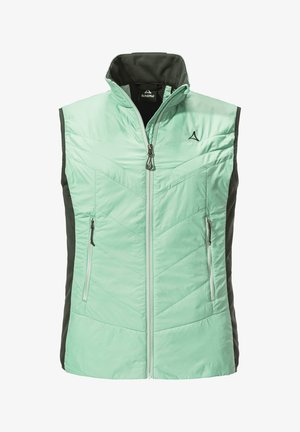 Mintgrünes isoliertes Weste mit schwarzen Seitenpanelen. Merkmale einen hohen Kragen, einen Frontreißverschluss und zwei Reißverschlusstaschen. Gestepptes Muster vorne.