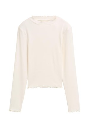 T-shirt à manches longues en tissu côtelé blanc cassé, présentant un col et un ourlet à volants. Design simple sans motifs ni accents.