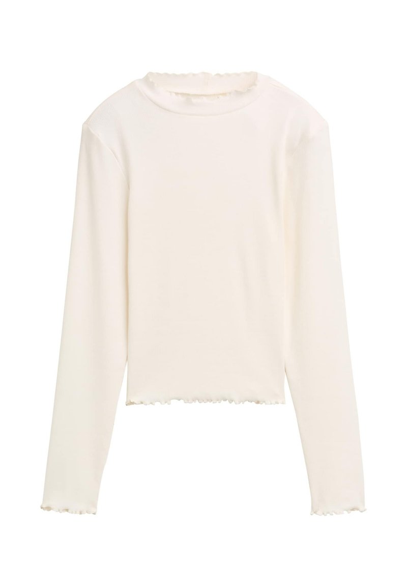 T-shirt à manches longues en tissu côtelé blanc cassé, présentant un col et un ourlet à volants. Design simple sans motifs ni accents.