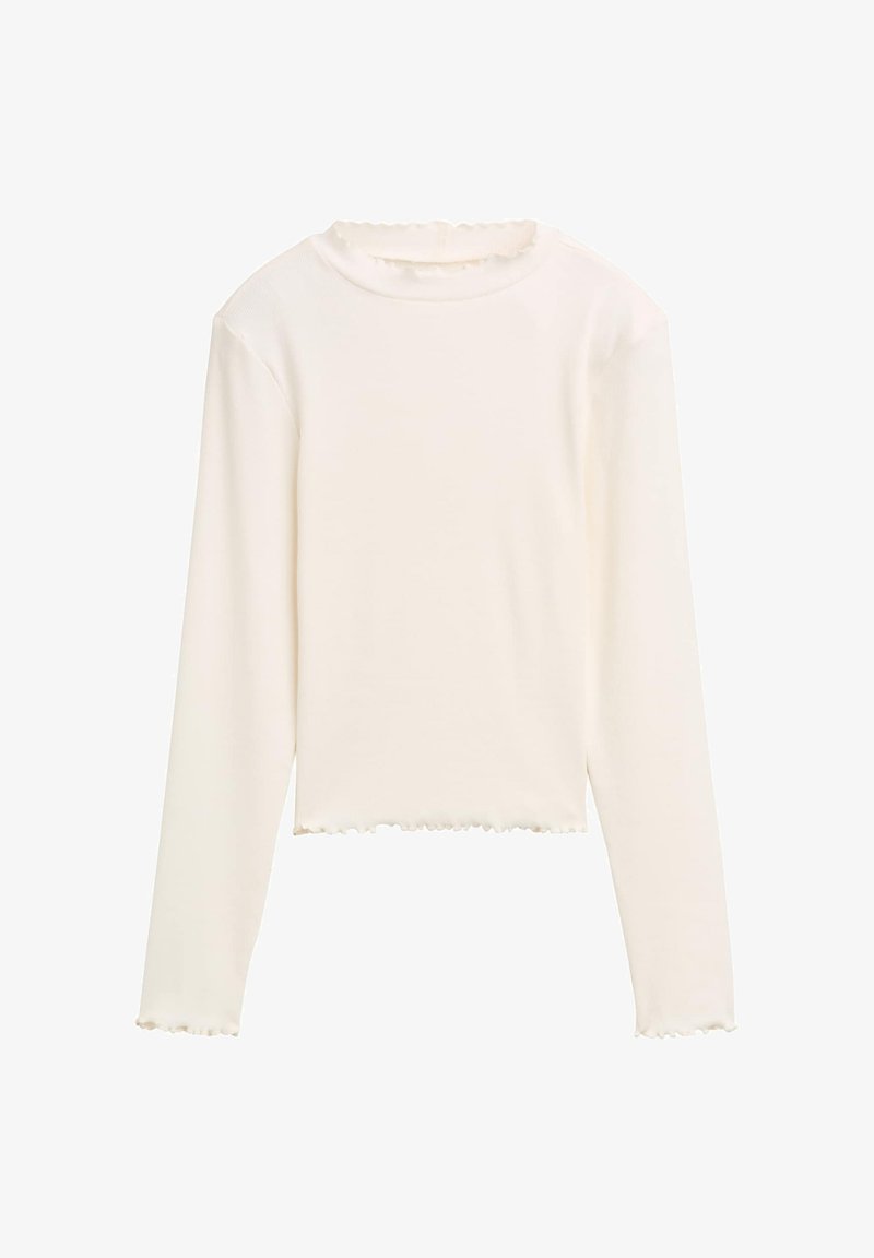 Pitkähihaisessa vaatteessa on off-white ribbikangas, jossa on aaltoileva kaula-aukko ja helma. Yksinkertainen muotoilu ilman kuvioita tai yksityiskohtia.