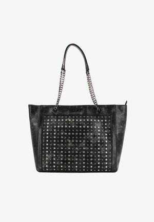 Borsa a tote nera con borchie, realizzata in ecopelle. Presenta borchie in tonalità argento disposte in un motivo a griglia, doppi manici a catena metallica e una forma rettangolare.