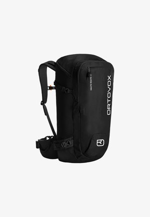 Black, sturdy backpack with adjustable straps, side pockets, and a curved shape; features brand logos and a durable texture.