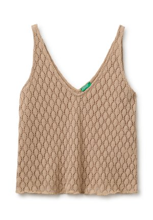 Camiseta sin mangas beige de punto con escote en V y un patrón de encaje, con una pequeña etiqueta verde en el escote.