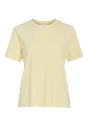 T-shirt jaune à manches courtes, col rond, en coton doux, présentant une coupe décontractée et une texture lisse, sans motifs visibles.