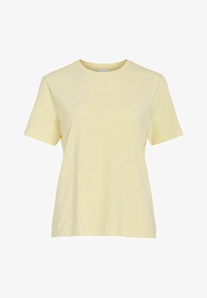 Dzeltena īss piedurkņu t-krekls ar apaļu izgriezumu, izgatavots no mīksta kokvilnas materiāla, ar vaļīgu piegriezumu un gludu virsmu, bez redzamiem rakstiem.