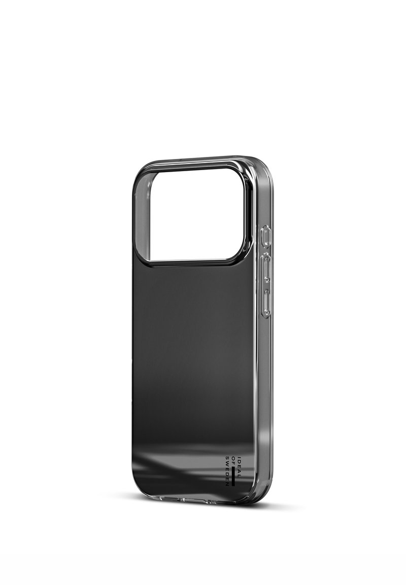 Czarne przezroczyste etui na telefon z prostokątnym wycięciem na aparat, zaokrąglonymi krawędziami i bocznymi przyciskami. Gładka faktura i minimalistyczny design.