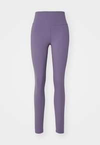 Leggings a vita alta di un colore viola puro. Realizzati in materiale elasticizzato, presentano una texture liscia e un design aderente lungo le gambe.