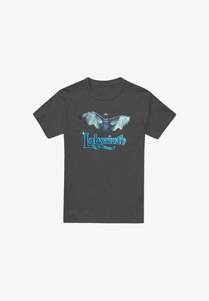 Dunkelgraues T-Shirt mit einer blauen und weißen Eule, die ihre Flügel über dem Wort "Labyrinth" in stilisiertem blauen Text ausbreitet.