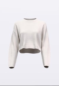 Lühendatud valge kootud kampsun, millel on ümmargune kaelus ja pikad varrukad soonikvarrukatega. Tekstureeritud kangas õrna mustriga.