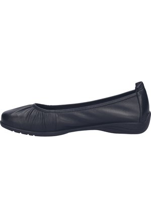 Black leather ballet flat shoe with rounded toe, low wedge heel, and gathered detailing near the toe area, shown from the side.