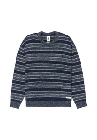 Navy sweater met grijze horizontale strepen, ronde hals, ribgebreide manchetten en zoom, zachte textuur, voorzien van een label aan de onderkant links.