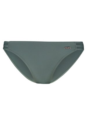 Groene bikini onderkant gemaakt van een gladde stof. Bevat zijaccenten met uitsparingen en een klein metalen logo aan de voorkant. Klassieke vorm.