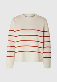 Strickpullover in Creme mit horizontalen roten Streifen. Hat einen runden Halsausschnitt und lange Ärmel und präsentiert ein strukturiertes Aussehen.