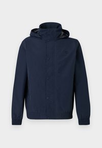 Μπλε σκούρο μπουφάν με κουκούλα, κουμπιά μάσκας, ελαστικές μανσέτες, πλαϊνές τσέπες και ένα μικρό κεντητό λογότυπο στο στήθος.