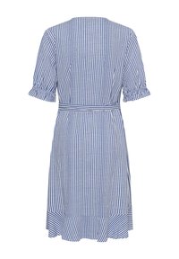 Robe à rayures verticales bleues et blanches longueur genou avec manches mi-bouffantes, ceinture à la taille et ourlet volanté vue de dos.