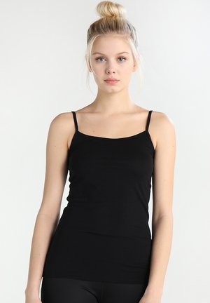 Zwarte, mouwloze tanktop met dunne bandjes, een aansluitend ontwerp, gemaakt van rekbare stof. Soepele textuur zonder zichtbare patronen of accenten.
