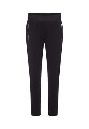 Black slim-fit pants with elastic waistband and zippered pockets on both sides, designed for casual wear.