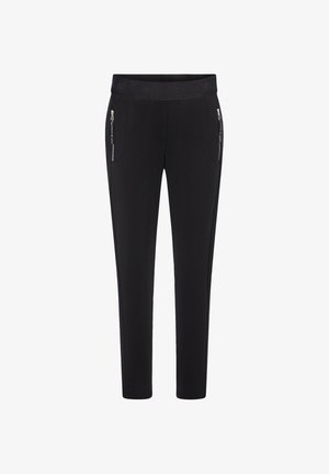 Black slim-fit pants with elastic waistband and zippered pockets on both sides, designed for casual wear.