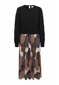 Black top with long sleeves, pleated skirt in brown, cream, and gray abstract pattern. Fitted waist, keyhole at the back, and soft texture.
