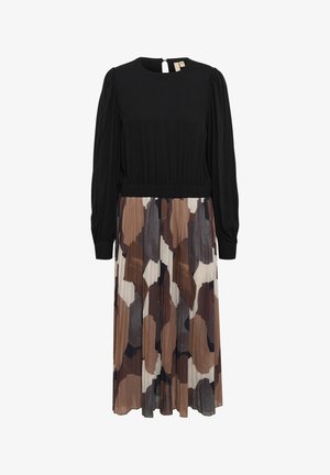 Černá dlouhá rukávová šaty s plisovanou sukní, která obsahuje abstraktní hnědé, béžové a šedé tvary, elastický pás a zapínání na knoflíky na zadní straně.
