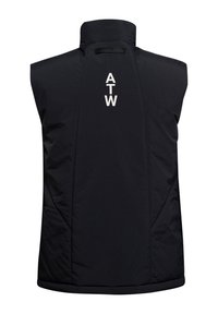 Czarna bezrękawnik z wysokim kołnierzem, gładką fakturą i przednim wzorem z białymi literami "ATW". Lekki i casualowy styl.
