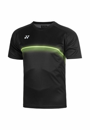 Zwart sportshirt met korte mouwen, met een neon groene gebogen streep over de borst en een witte Yonex-logo aan de linkerbovenkant.