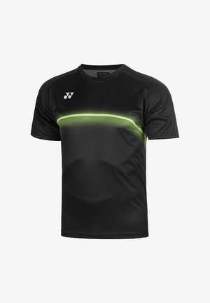 Schwarzes Sportshirt mit kurzen Ärmeln, neon-grünem, geschwungenem Streifen über der Brust und weißem Yonex-Logo auf der linken oberen Seite.