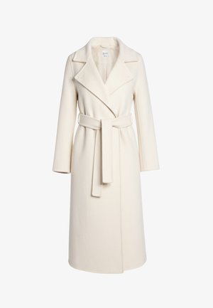 Cream-colored long wool coat with wide lapels and a matching belt tied at the waist, featuring long sleeves and a straight silhouette.