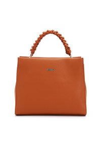 Rectangular brown leather handbag with braided handle and small metal brand logo on front, set against white background.