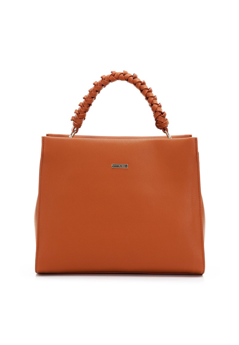 Rectangular brown leather handbag with braided handle and small metal brand logo on front, set against white background.