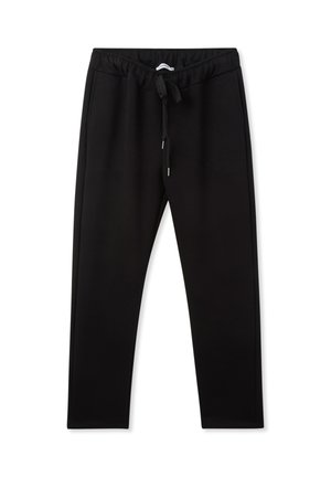 Pantaloni sportivi neri realizzati in tessuto morbido, con vita elastica e coulisse, gambe affusolate e tasche laterali.