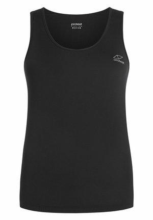 Mustapohjainen hihaton paita, joka on valmistettu joustavasta, sileästä kankaasta. Siinä on pyöreä kaula-aukko ja pieni valkoinen logo vasemmassa rinnassa. Sopii aktiiviseen pukeutumiseen.