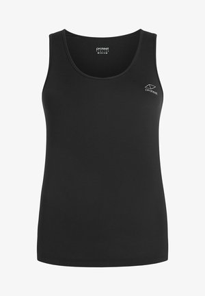 Čierny top bez rukávov vyrobený z elastického, hladkého materiálu. Má okrúhly výstrih a malé biele logo na ľavej hrudi. Vhodný na športové oblečenie.