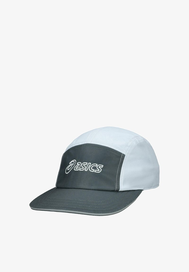 Gray and white running cap with a structured peak, made from lightweight fabric. Features an embroidered "asics" logo on the front.