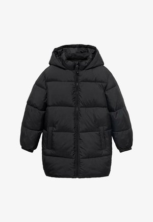 Doudoune noire avec capuche, dotée d'une fermeture éclair sur le devant, de poches latérales, d'un design matelassé et de poignets élastiqués. Matériau imperméable.