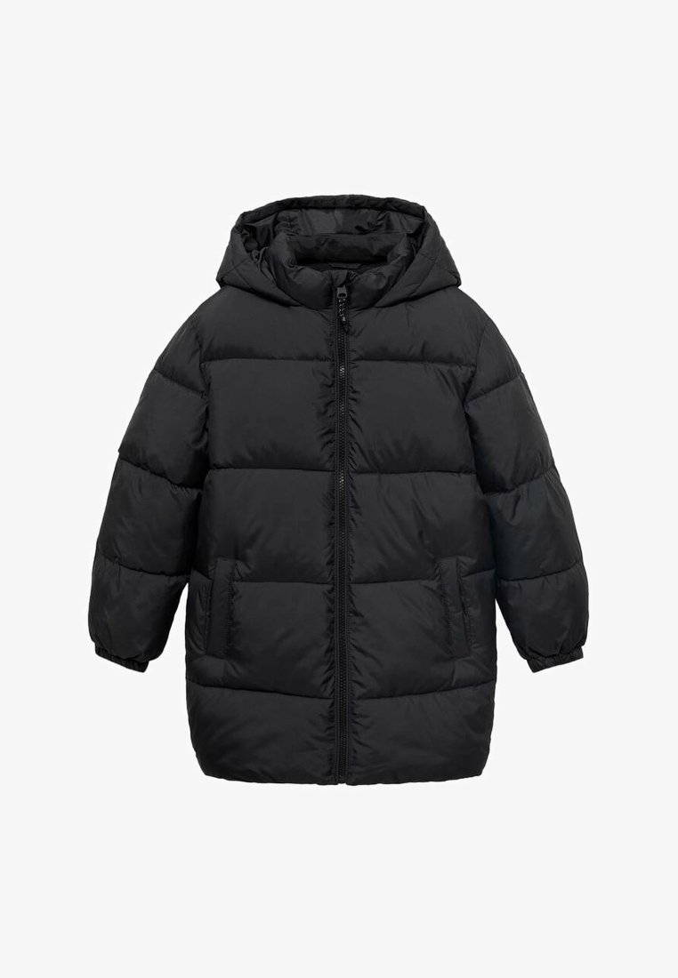 Sort dunjakke med hætte, der har fuld front lynlås, sidelommer, quiltet design og elastiske manchetter. Vandtæt materiale.