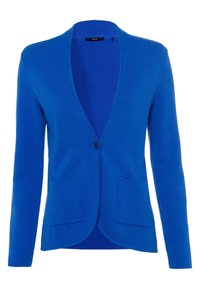 Cárdigan azul de punto con mangas largas, abertura frontal, dos bolsillos delanteros y un cierre de botón. Textura suave y acabado liso.