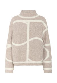 Beige sweater med høj hals og løs pasform, med hvide geometriske mønstre, blød tekstur og lange ærmer.