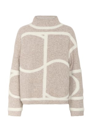 Beige sweater med høj hals og løs pasform, med hvide geometriske mønstre, blød tekstur og lange ærmer.