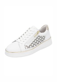 Weißer Sneaker mit perforiertem Blumenmuster, goldfarbener Zipper, Schnürdesign und strukturiertem Gummiaußensohle.