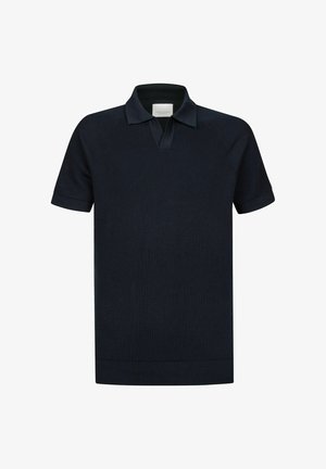 Polo a maniche corte blu navy con una texture a coste, colletto aperto e orlo dritto. Presenta un motivo lavorato a maglia sottile.