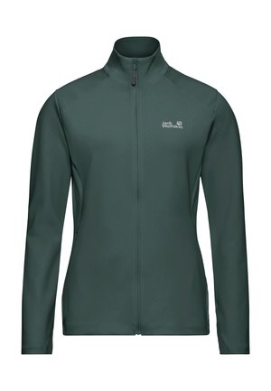 Donkergroene jas met volledige ritssluiting, hoge kraag, lange mouwen en het "Jack Wolfskin"-logo op de linkerborst.