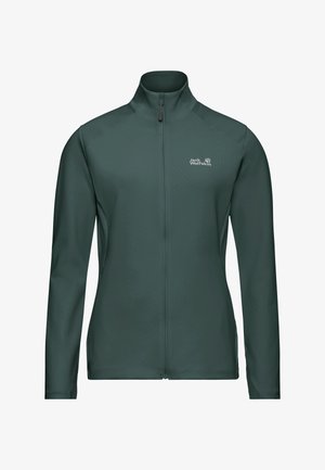 Dunkelgrüne Jacke mit durchgehendem Reißverschluss, hohem Kragen, langen Ärmeln und dem "Jack Wolfskin"-Logo auf der linken Brust.