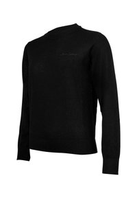 Maglione nero realizzato in morbido materiale knit. Presenta un collo a giro, maniche lunghe e orlo a coste. Logo discreto sul davanti.