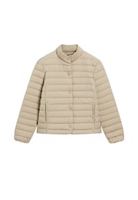 Giacca trapuntata beige con bottoni a pressione, collo alla coreana, maniche lunghe con polsini elasticizzati e due tasche anteriori.